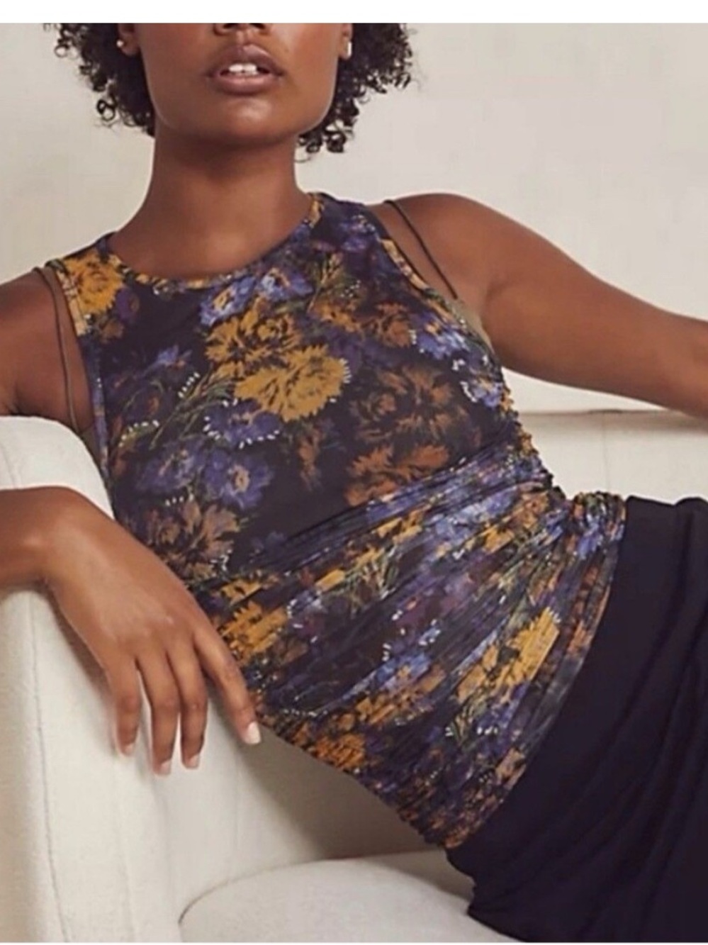 Free People Intimately Floral Mesh Tank Top - Black with Gold & Purple Floral